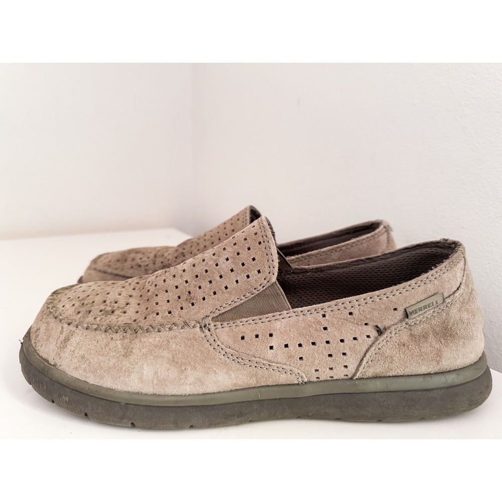 Merrell Boulder Mens 12 Taupe Brown Suede Perforated Slip On Loafers J91553